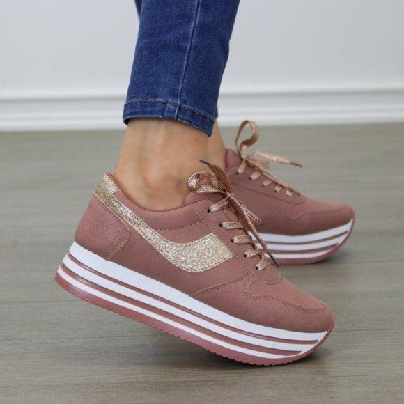 Glittery Pink & White Chunky Platform Sneakers - Picture 5 of 8